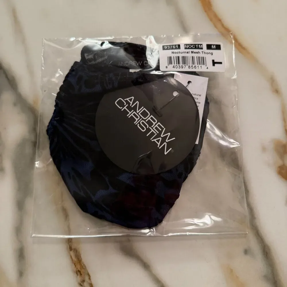 NEW Andrew Christian Underwear Nocturnal Mesh Thong Black Blue Size Medium